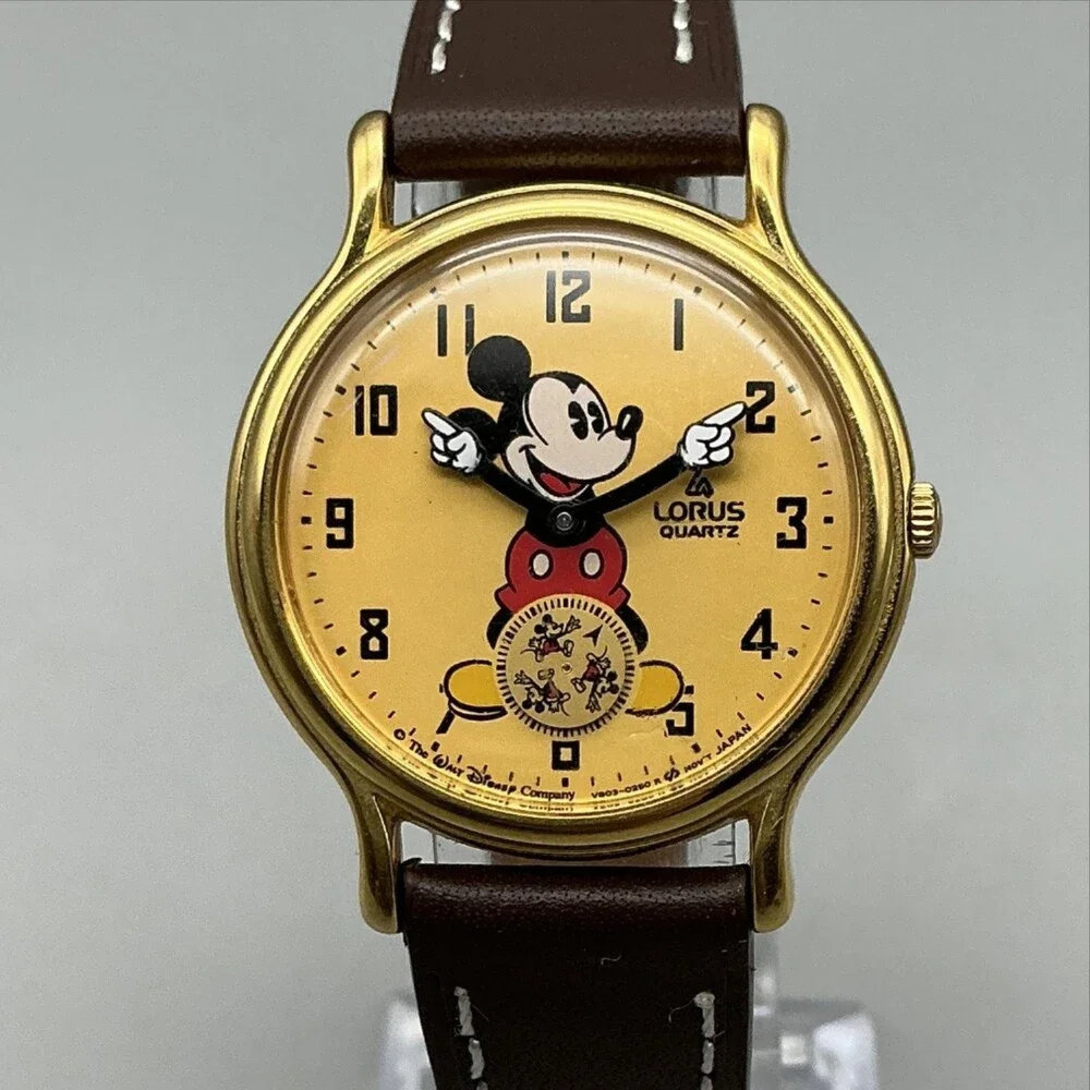 Vtg Lorus Mickey Mouse Mens Watch 32mm Gold Tone V803-0110 Leather New Battery